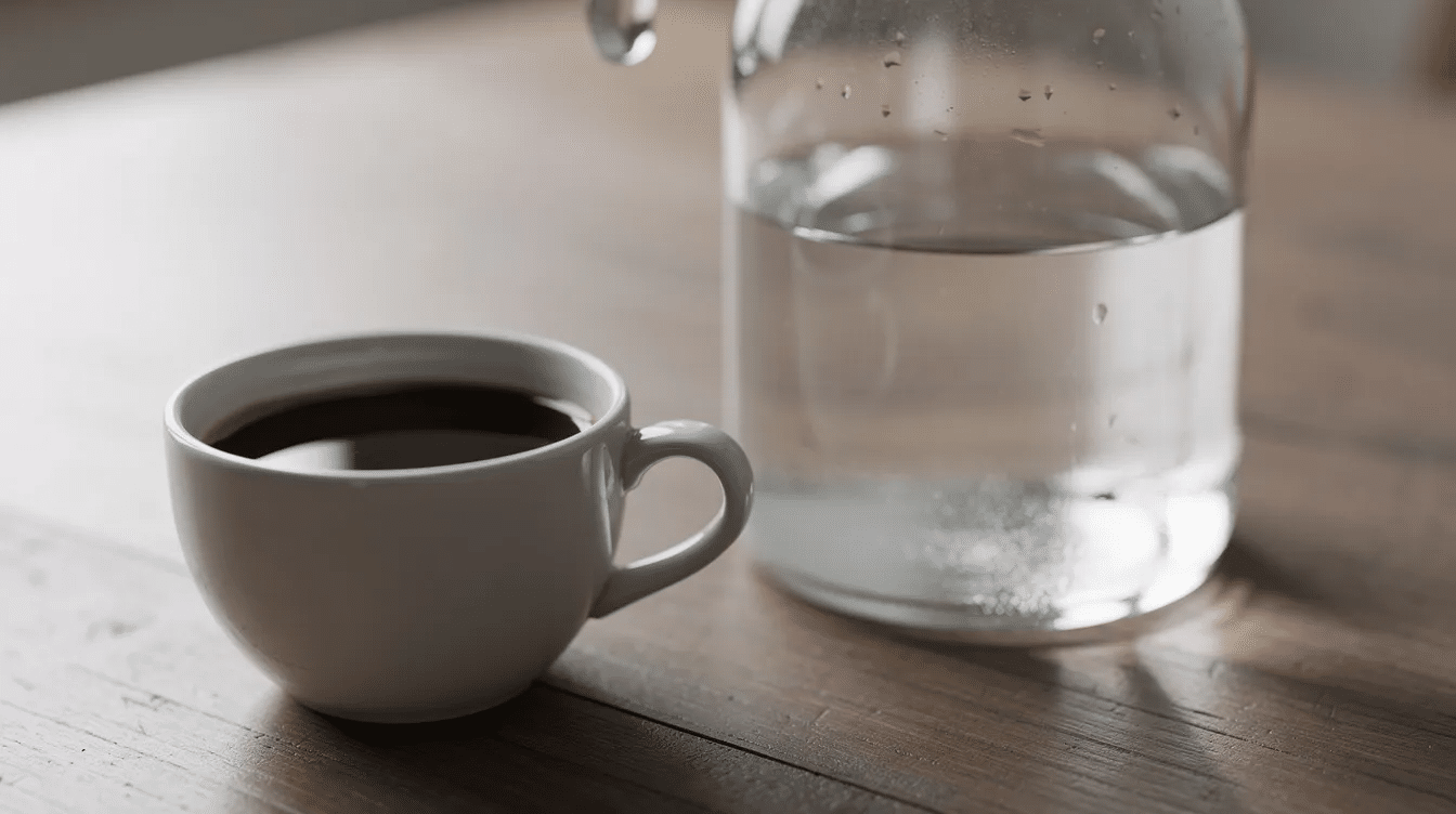 Una taza de café negro humeante se encuentra junto a una jarra de agua sobre una mesa sencilla, creando un ambiente perfecto para disfrutar de una pausa y tomar café. Este momento puede ser ideal para reflexionar sobre los beneficios del consumo de café y su relación con la salud.