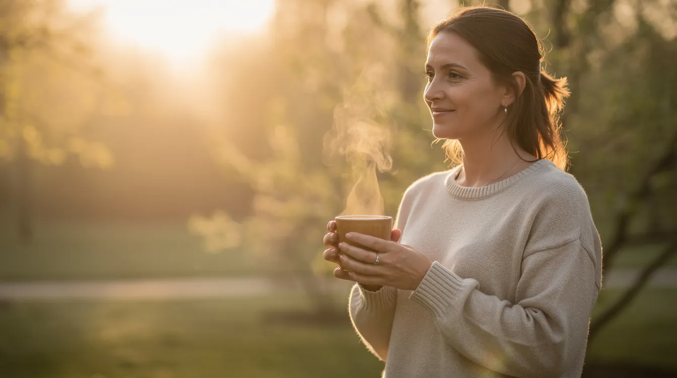 Una persona sostiene una taza de café humeante al aire libre durante la mañana, disfrutando de la calidez de la bebida con cafeína mientras el sol comienza a salir. El ambiente es tranquilo, lo que sugiere un momento de relajación y energía para el día que comienza.