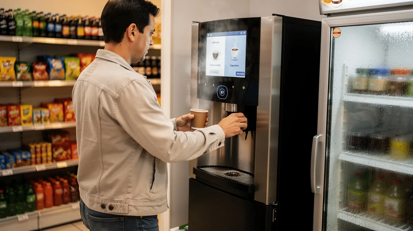 Una máquina expendedora de café automática se encuentra en una tienda de conveniencia, mientras un cliente coloca un vaso debajo del dispensador para recibir su bebida. La máquina ofrece una variedad de opciones de café, incluyendo café con leche y capuchino, y está diseñada para facilitar el pago con monedas o billetes.