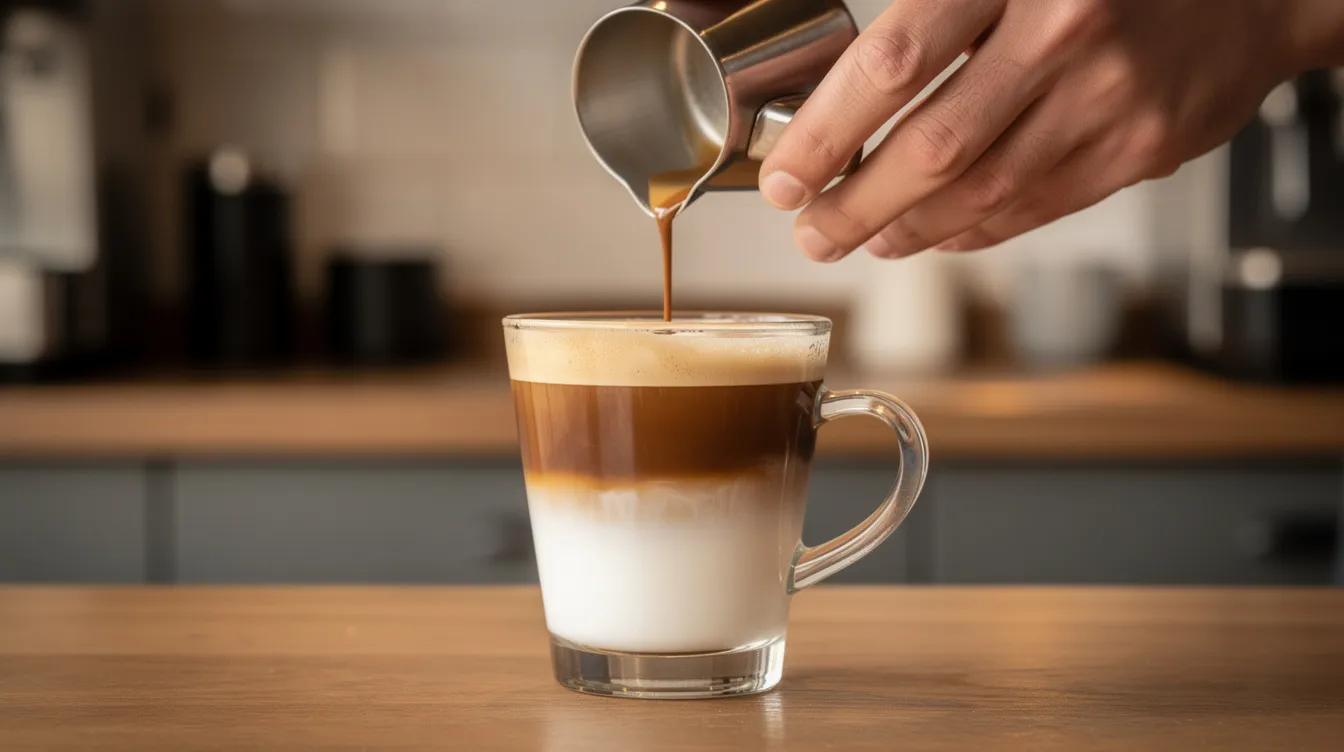 En la imagen se observan manos vertiendo un intenso shot de espresso oscuro sobre un vaso de leche espumada, creando un atractivo efecto de capas que recuerda a un caramel macchiato. La mezcla de colores y texturas sugiere una deliciosa bebida de café que invita a disfrutar de sus sabores.