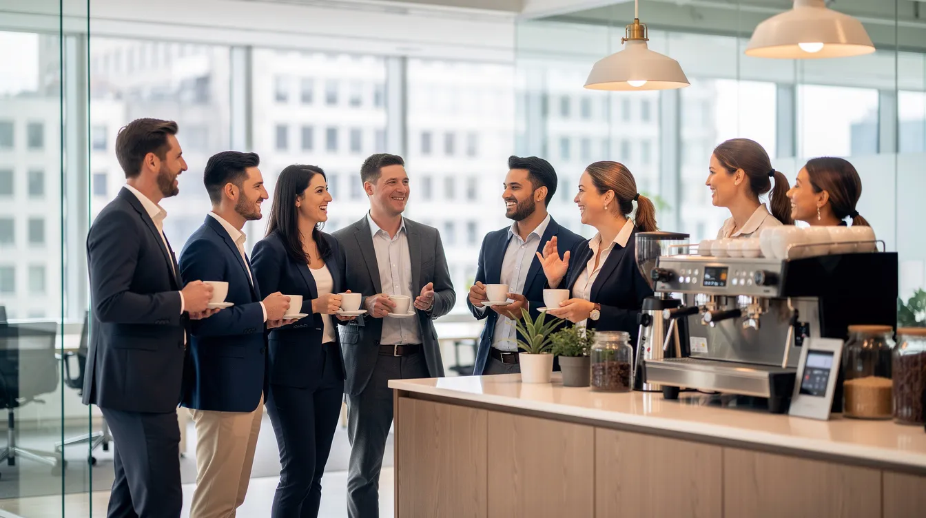 Un grupo de profesionales se encuentra en una oficina moderna, conversando animadamente mientras sostienen tazas de café junto a una barra de bebidas. La escena refleja un ambiente colaborativo y dinámico, ideal para discutir sobre la calidad y los beneficios de la renta de máquinas de café Andatti.