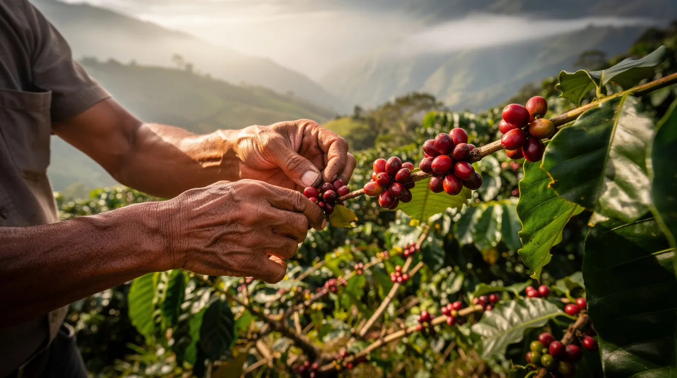 En la imagen, se pueden ver las manos de un campesino recolectando cerezas de café maduras de un intenso color rojo en una ladera montañosa colombiana. Este paisaje cultural cafetero refleja la rica tradición del cultivo de café en Colombia, donde la calidad y el sabor del café de Colombia son reconocidos en todo el mundo.