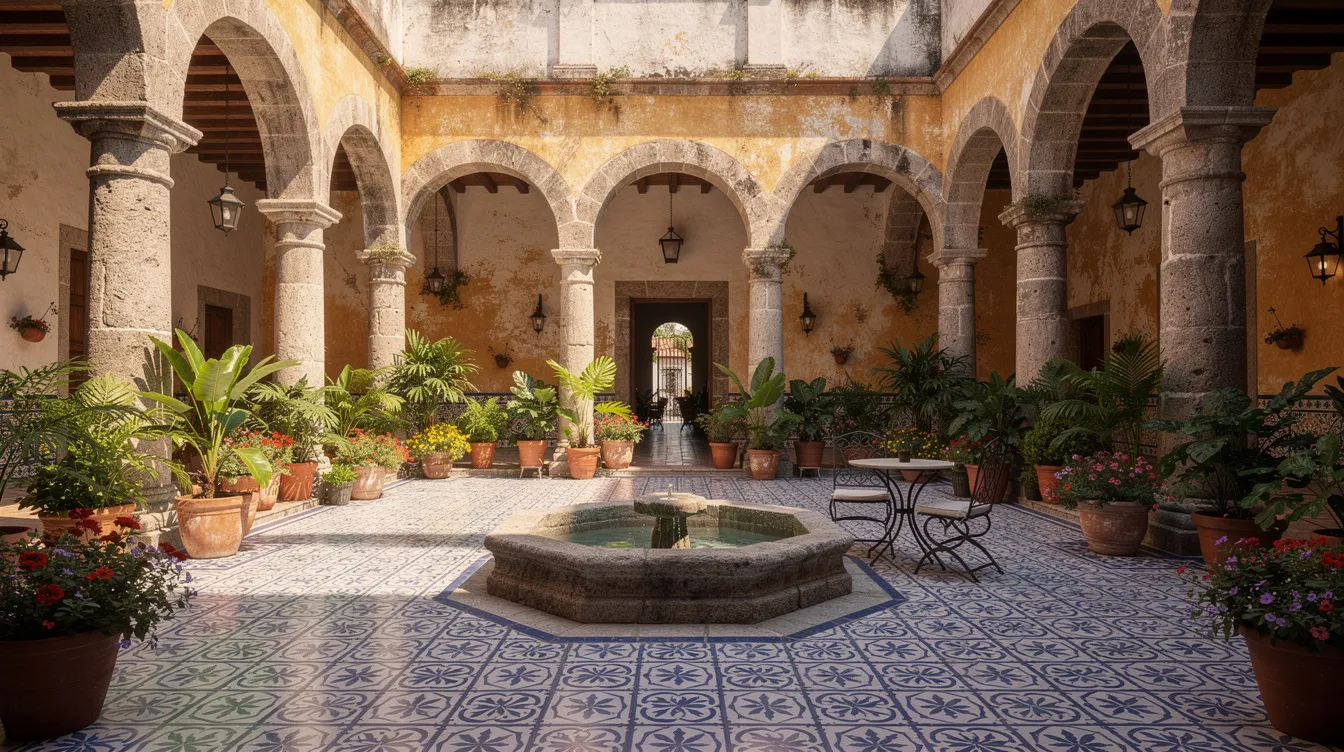 El patio interior de una casona colonial mexicana presenta arcos de piedra y macetas con plantas que decoran el espacio, mientras que los pisos de azulejo añaden un toque tradicional. Este lugar, que evoca la historia de la ciudad de México, es ideal para disfrutar de la comida del famoso Café de Tacuba.