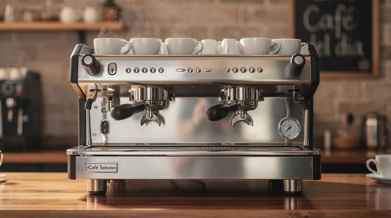 Una máquina de espresso profesional de dos grupos se encuentra sobre una barra de madera, junto a tazas de cerámica blanca alineadas, lista para ofrecer café de alta calidad en cafeterías y restaurantes. Este equipo es esencial para baristas que buscan resultados consistentes en la preparación de bebidas.