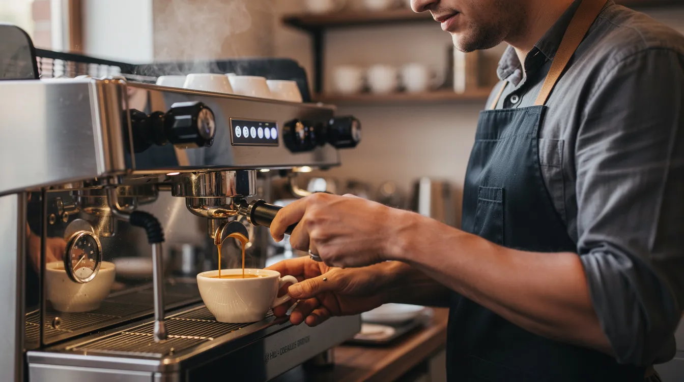 Un barista con delantal está preparando un espresso doble en una máquina profesional de dos grupos, utilizando un portafiltro. La imagen muestra el proceso de extracción del café, destacando la calidad y la precisión del equipamiento en una cafetería o negocio especializado.