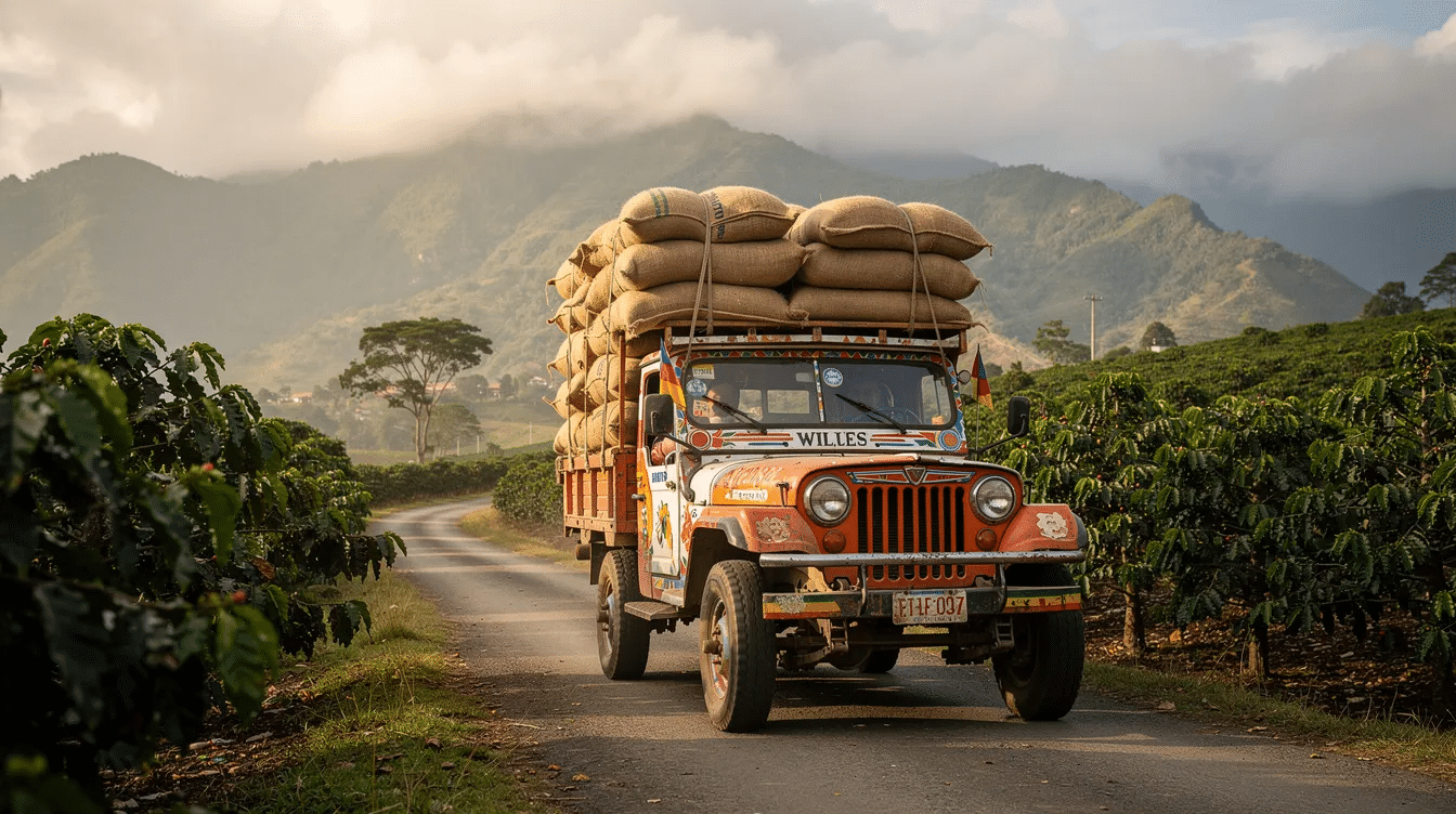 Un vehículo Yipao, típico de Colombia, avanza por una carretera rodeada de montañas y cafetales, cargado con sacos de café que representan la rica producción del país. Este paisaje cultural cafetero refleja la esencia y la pasión de los caficultores colombianos en su proceso de cultivo y exportación.
