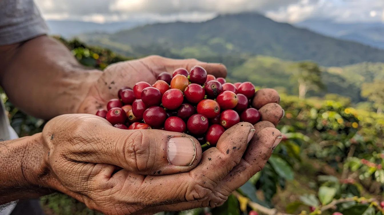 Manos de un caficultor sosteniendo cerezas de café recién recolectadas, con un paisaje de montañas verdes al fondo que refleja la calidad y el origen del café de especialidad. La imagen transmite la conexión entre el productor y el proceso de cultivo en un entorno natural.