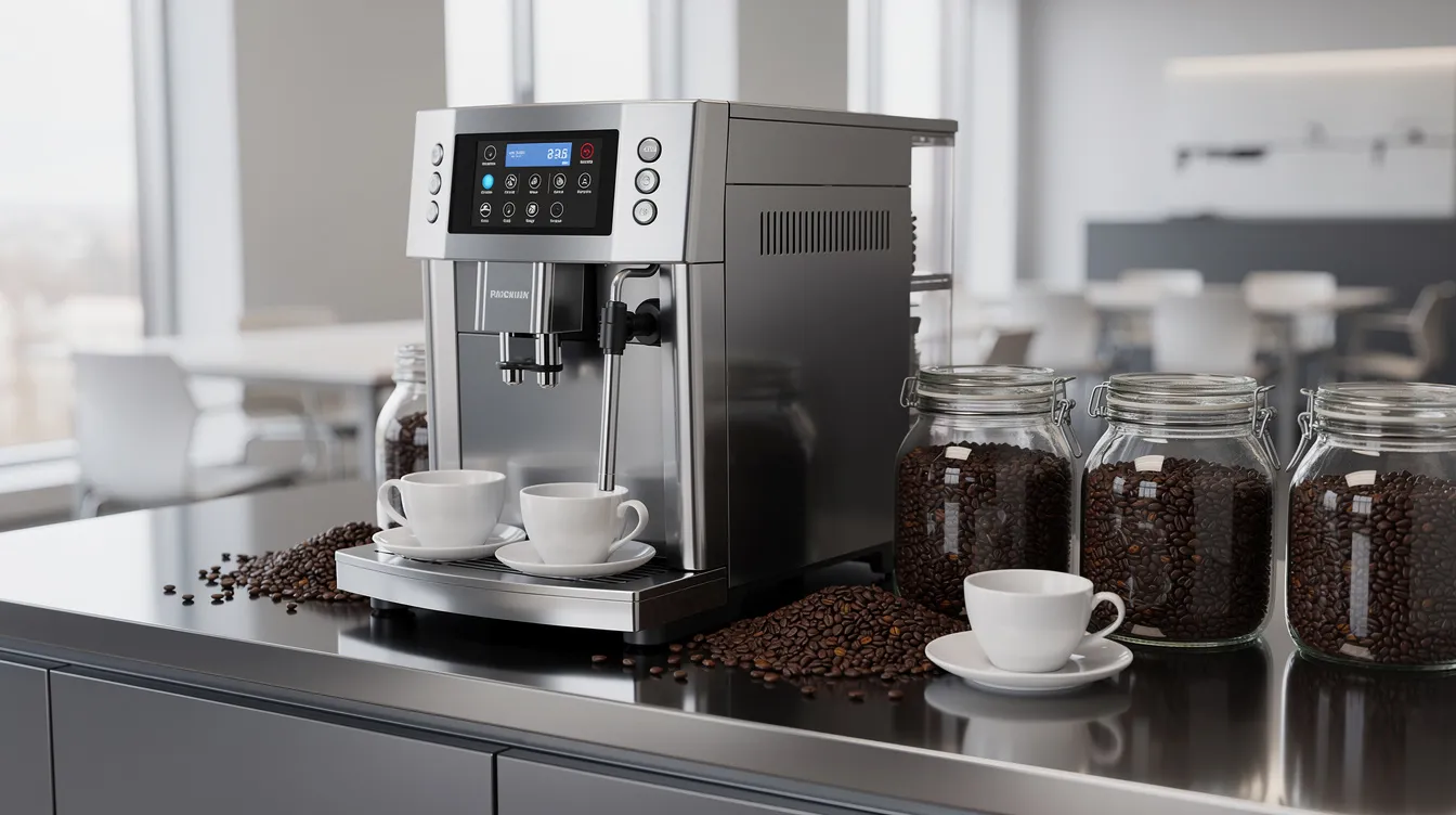 Una máquina automática de café profesional se encuentra instalada en un moderno mostrador de oficina, rodeada de tazas y granos de café, lista para ofrecer bebidas de alta calidad. Este equipo de renta de máquinas de café Andatti promete satisfacer las necesidades de los empleados con una variedad de sabores y opciones.