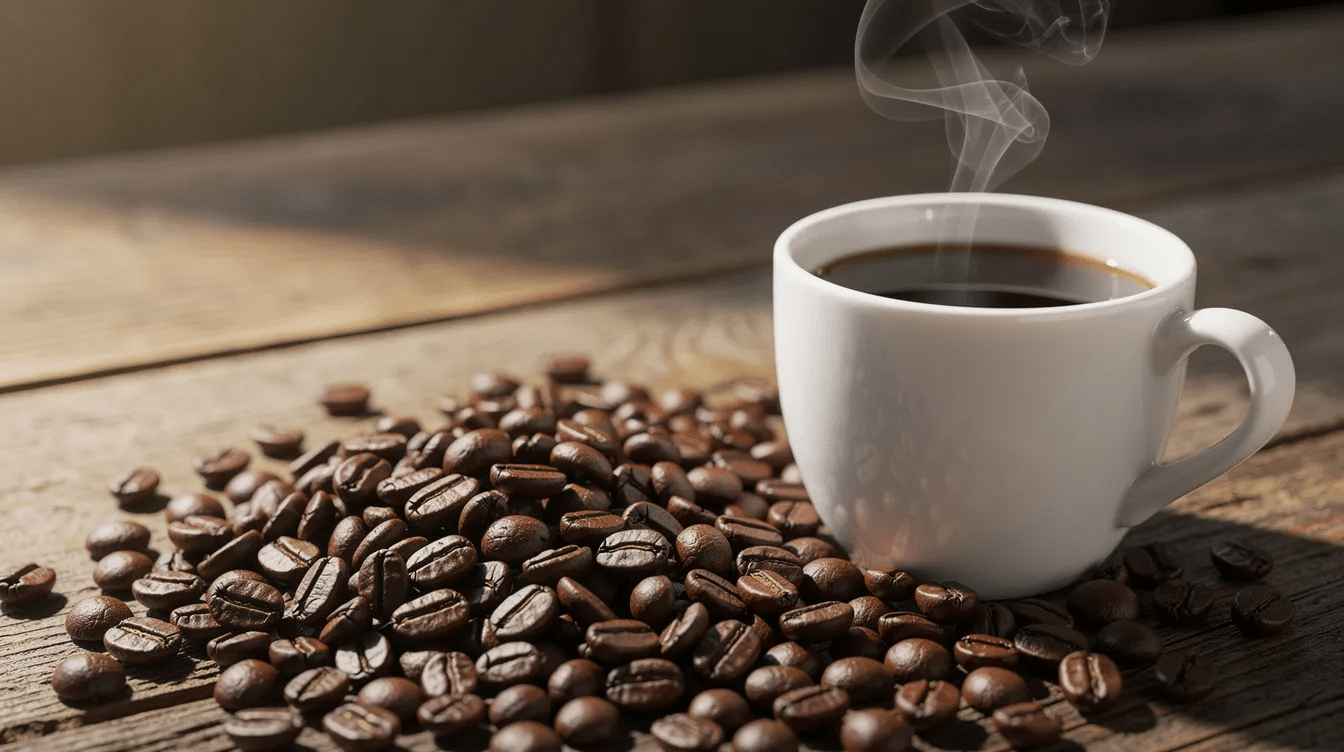 Granos de café recién tostados reposan sobre una superficie de madera, junto a una taza de cerámica blanca que emite vapor, indicando que el café está caliente y listo para ser disfrutado. Esta imagen evoca la experiencia de tomar café, resaltando su aroma y el placer de una bebida estimulante.