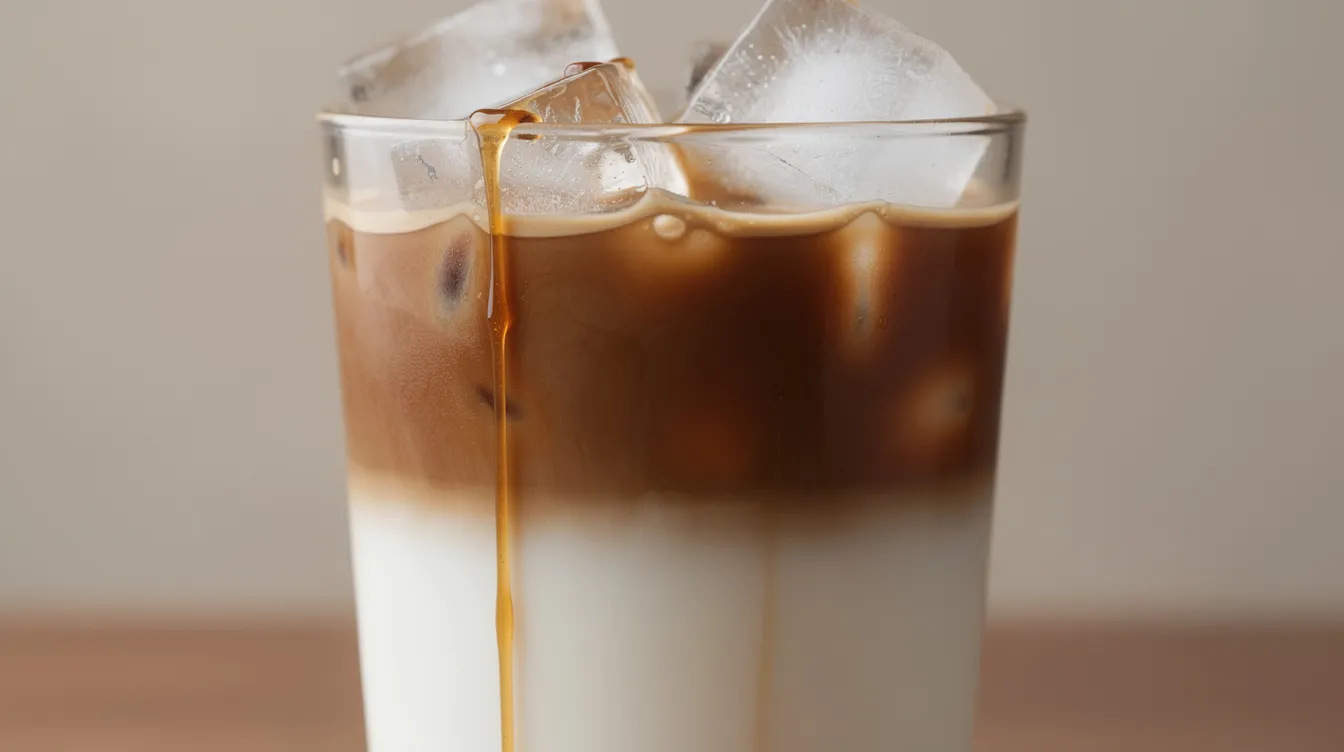 Un vaso alto con hielo muestra una capa de leche blanca en la base y un espresso oscuro flotando en la parte superior, adornado con líneas de caramelo dorado, evocando la apariencia de un caramel macchiato. Esta bebida refrescante resalta la mezcla de sabores del café y el caramelo.