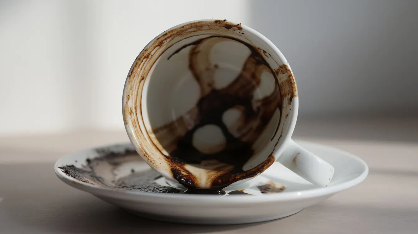 Una taza de café turco volteada sobre su platillo, revelando un interior blanco donde se pueden observar residuos oscuros en patrones abstractos. Este café, elaborado con café molido muy fino, es parte de una rica tradición cultural del Medio Oriente.