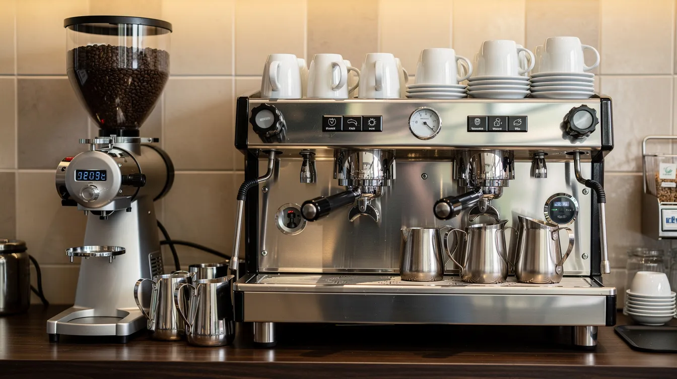 La imagen muestra una barra de cafetería bien organizada, equipada con una máquina de espresso, un molino, jarras de leche y tazas listas para el servicio. Este espacio está diseñado para ofrecer una experiencia de café de alta calidad, ideal para negocios como cafeterías y restaurantes.