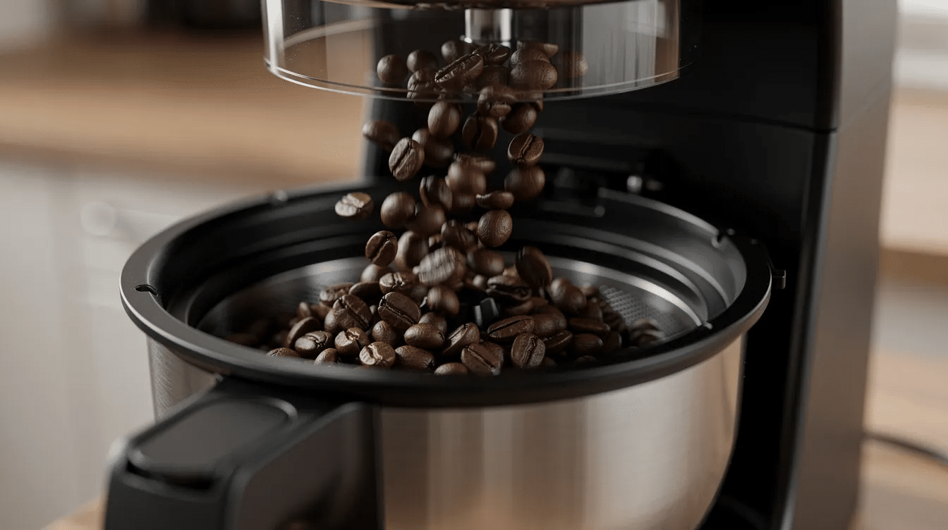 Granos de café caen en un molinillo integrado de una máquina expendedora de café, donde se prepara la bebida de manera automática. La imagen muestra el proceso de molienda, resaltando la calidad y frescura del café que se ofrece a los clientes.