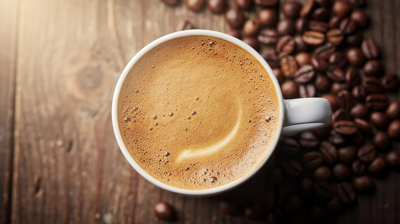 Una taza de capuchino con una cremosa espuma de leche se encuentra sobre una mesa de madera, rodeada de granos de café tostados que aportan un aroma intenso. La bebida presenta una textura suave y una capa de espuma que resalta su color claro, invitando a disfrutar de su sabor clásico.