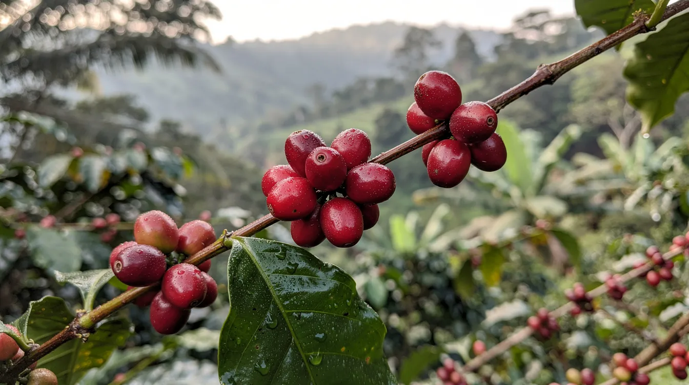 Cerezas de café maduras en una planta de arábica, rodeadas de exuberante vegetación tropical en una finca de montaña, representan la calidad y el cuidado en la producción de café de especialidad. Este entorno natural resalta la conexión entre el origen del café y su proceso de cultivo, ofreciendo una experiencia única para los amantes de esta bebida.