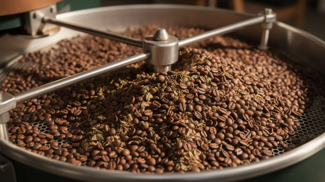 Granos de café tostados de color marrón medio se encuentran en una bandeja de enfriamiento de un tostador artesanal, listos para ser utilizados en la preparación de café de especialidad. Cada grano refleja la atención y el cuidado en el proceso de tueste, resaltando la calidad y el sabor que los amantes del café buscan.
