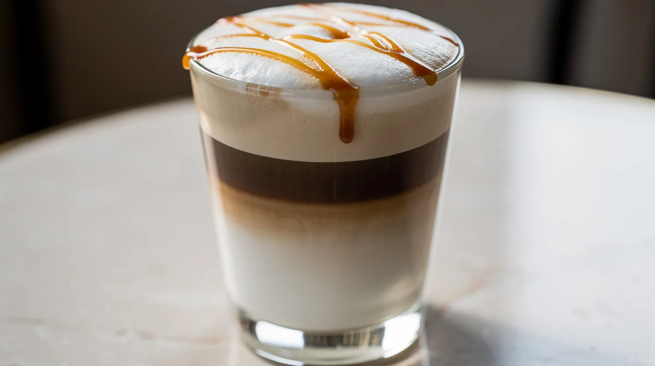 Un vaso alto y transparente muestra un caramel macchiato, con capas bien definidas de leche clara en la parte inferior, espresso oscuro en el centro y un toque de caramelo dorado en la superficie, creando una mezcla visualmente atractiva. Este café, popular en Starbucks, invita a disfrutar de sus sabores en cada sorbo.