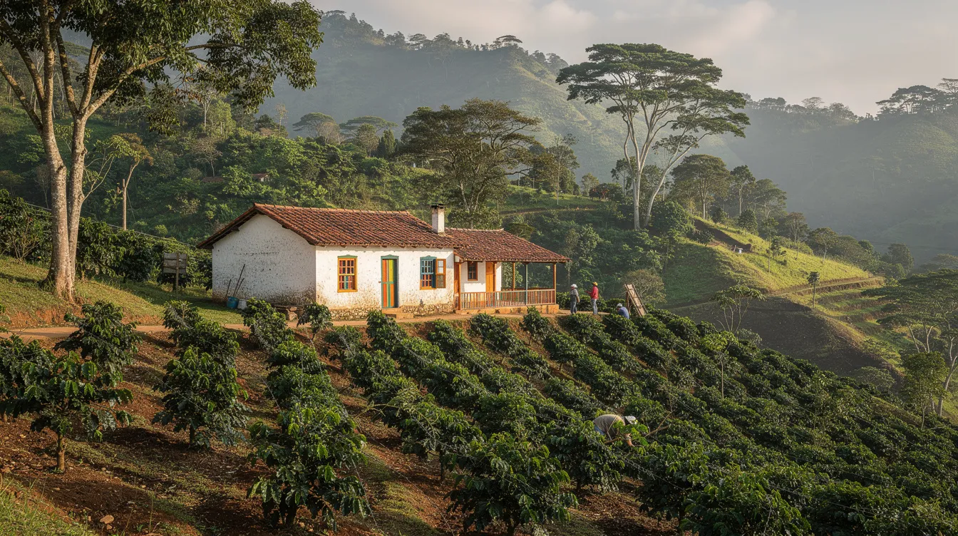 Una hacienda cafetera tradicional colombiana se encuentra rodeada de montañas verdes, con hileras de cafetos que crecen bajo la sombra de árboles. Este paisaje cultural cafetero refleja la rica historia y la calidad del café de Colombia, un producto emblemático del país.