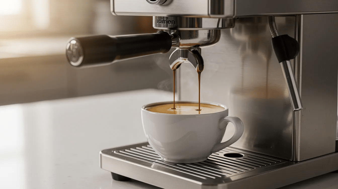 Una máquina de espresso doméstica está extrayendo un shot de café en una pequeña taza de cerámica blanca, mientras se forma una crema suave en la superficie de la bebida. El aroma intenso del café recién hecho llena el aire, destacando la tradición de preparar un buen espresso en casa.
