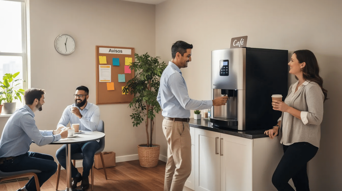 Imagen de una sala de descanso en una oficina, donde se observa una máquina expendedora de café automática en funcionamiento, mientras varios empleados disfrutan de café con leche y capuchino en sus tazas. La máquina ofrece una variedad de opciones de bebidas, destacando la calidad y el servicio que brinda a los trabajadores.