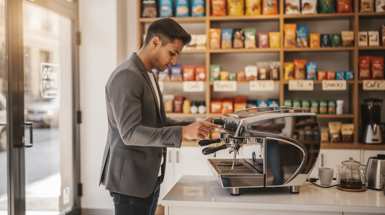 Una persona emprendedora está revisando una máquina expendedora de café en un pequeño local comercial, donde se pueden ver estantes de productos al fondo. La máquina ofrece diversas opciones de bebidas, destacando la calidad y variedad del café disponible para los clientes.