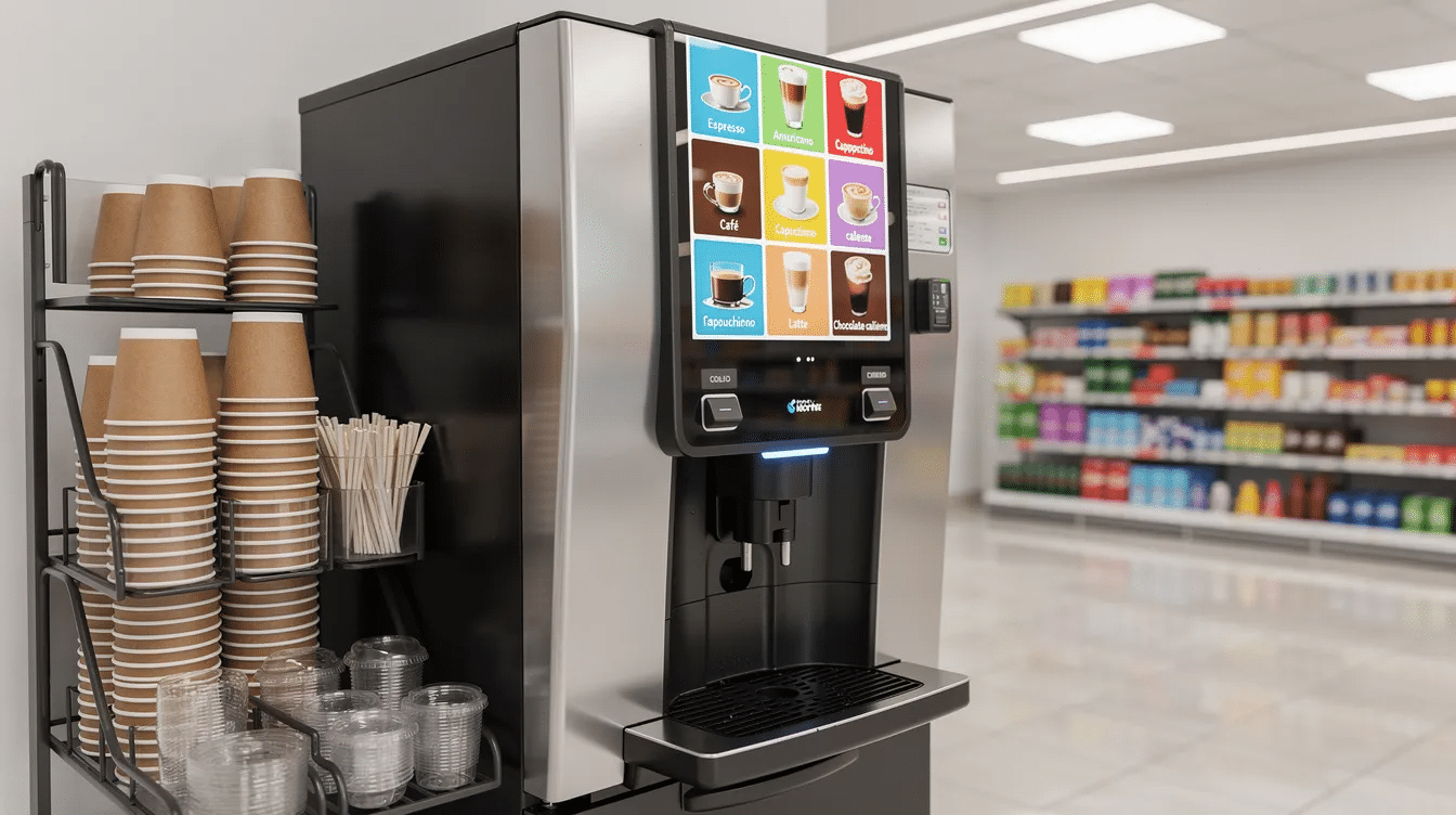 Una máquina expendedora de café de autoservicio se encuentra en el interior de una tienda de conveniencia moderna, mostrando una variedad de opciones de bebidas y con vasos apilados listos para su uso. Esta máquina ofrece una solución rápida y cómoda para los clientes que buscan disfrutar de café de calidad en cualquier momento.